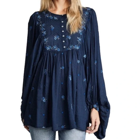 Free People Kiss From A Rose Long Sleeve Floral Embroidered Boho Blouse Small - Picture 2 of 12